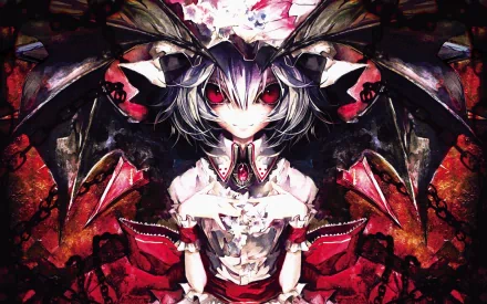 A striking HD wallpaper featuring Remilia Scarlet, an anime character with short hair, a vibrant smile, red eyes, and wings, set against a dramatic, richly textured background.