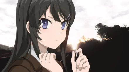HD desktop wallpaper featuring Mai Sakurajima from Rascal Does Not Dream of Bunny Girl Senpai, depicted with an introspective look against a sunset backdrop.