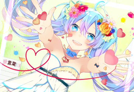 HD anime desktop wallpaper featuring Vocaloid Hatsune Miku with bright blue hair, colorful flowers, and hearts, radiating cheerful energy.