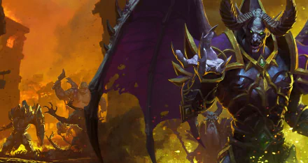 HD desktop wallpaper featuring a detailed Warcraft III: Reforged character, with a fiery battlefield background.