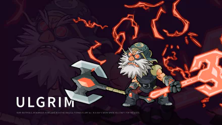HD PC desktop wallpaper featuring Ulgrim from the video game Brawlhalla, showcasing the character wielding fiery weapons with a dark, dynamic background.
