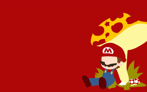 HD PC desktop wallpaper featuring Mario from the video game, dozing beneath a giant mushroom on a bold red background.