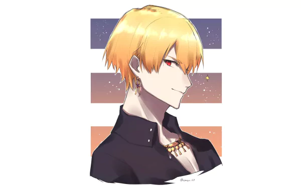 HD PC wallpaper of Gilgamesh (Caster, Fate/Grand Order) — anime portrait with golden hair and red eyes, smirking in a dark shirt and jewelry against a striped sunset background.