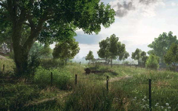 Battlefield V 4K Ultra HD PC wallpaper: sunlit grassy battlefield with trees, wire fence posts and distant smoke under a cloudy sky.
