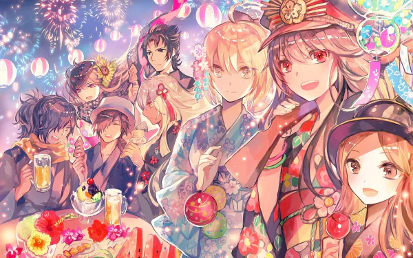 HD anime desktop wallpaper featuring vibrant characters from Fate/Grand Order and Fate series, including Oryou, Chacha, Sakamoto Ryōma, Okita Alter, and Sakura Saber at a festive night scene.