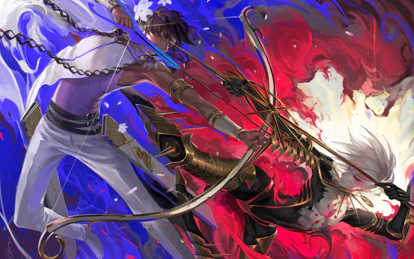 Arjuna and Karna from the Fate series are depicted in an intense battle, featuring vibrant blue and red backgrounds. Arjuna wields a bow while Karna, as Lancer of Red, prepares his attack. HD desktop wallpaper.