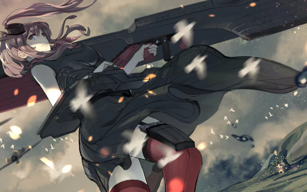 HD PC desktop wallpaper of Saratoga from Kantai Collection, featuring anime-style art with dynamic pose and atmospheric background.