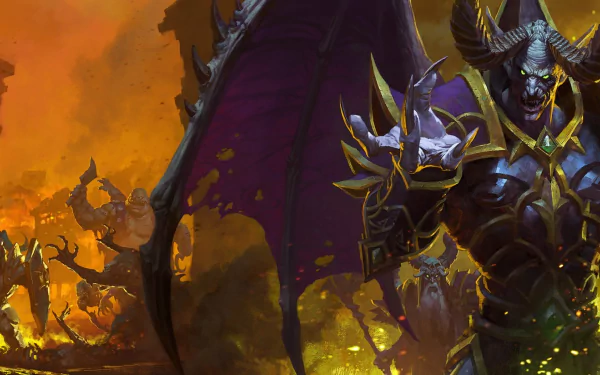 HD desktop wallpaper featuring a detailed Warcraft III: Reforged character, with a fiery battlefield background.
