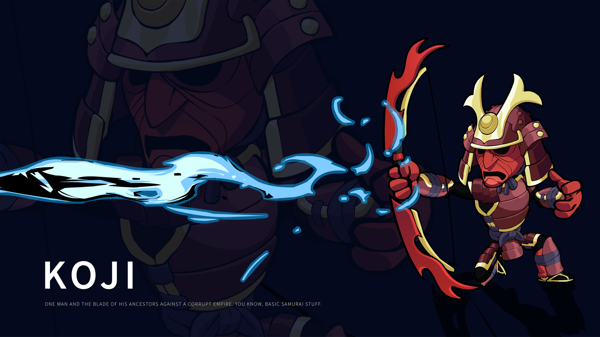 Koji (Brawlhalla) in samurai armor firing a blue energy arrow across a dark backdrop — vibrant video game art as a 2K Quad HD PC desktop wallpaper and background.