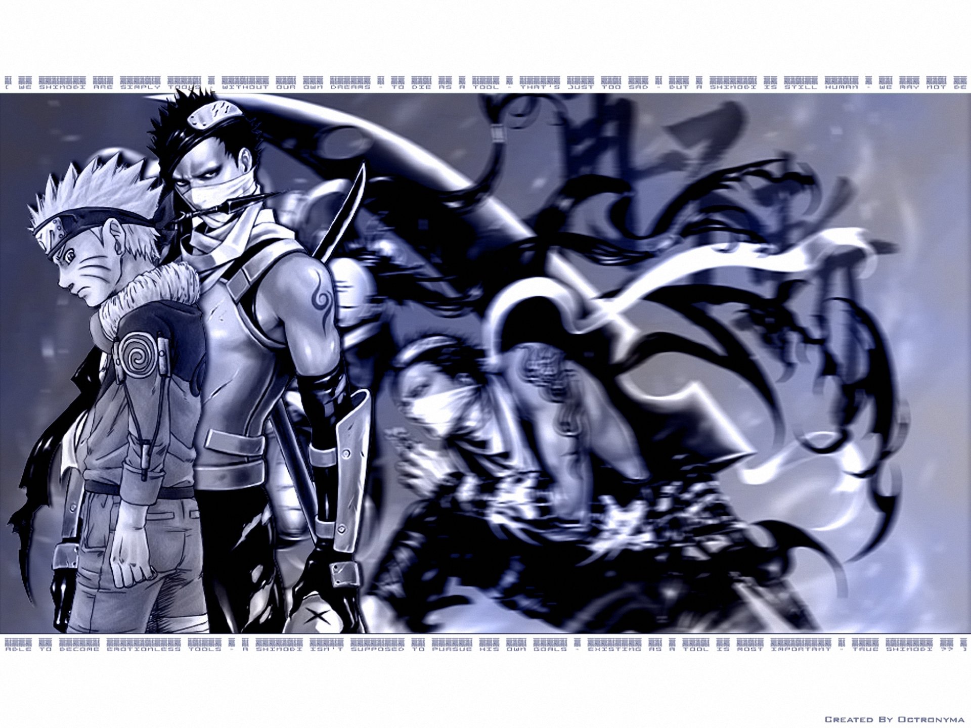 HD PC desktop wallpaper featuring Naruto Uzumaki and characters from the anime Naruto in a dynamic, artistic black-and-white design.