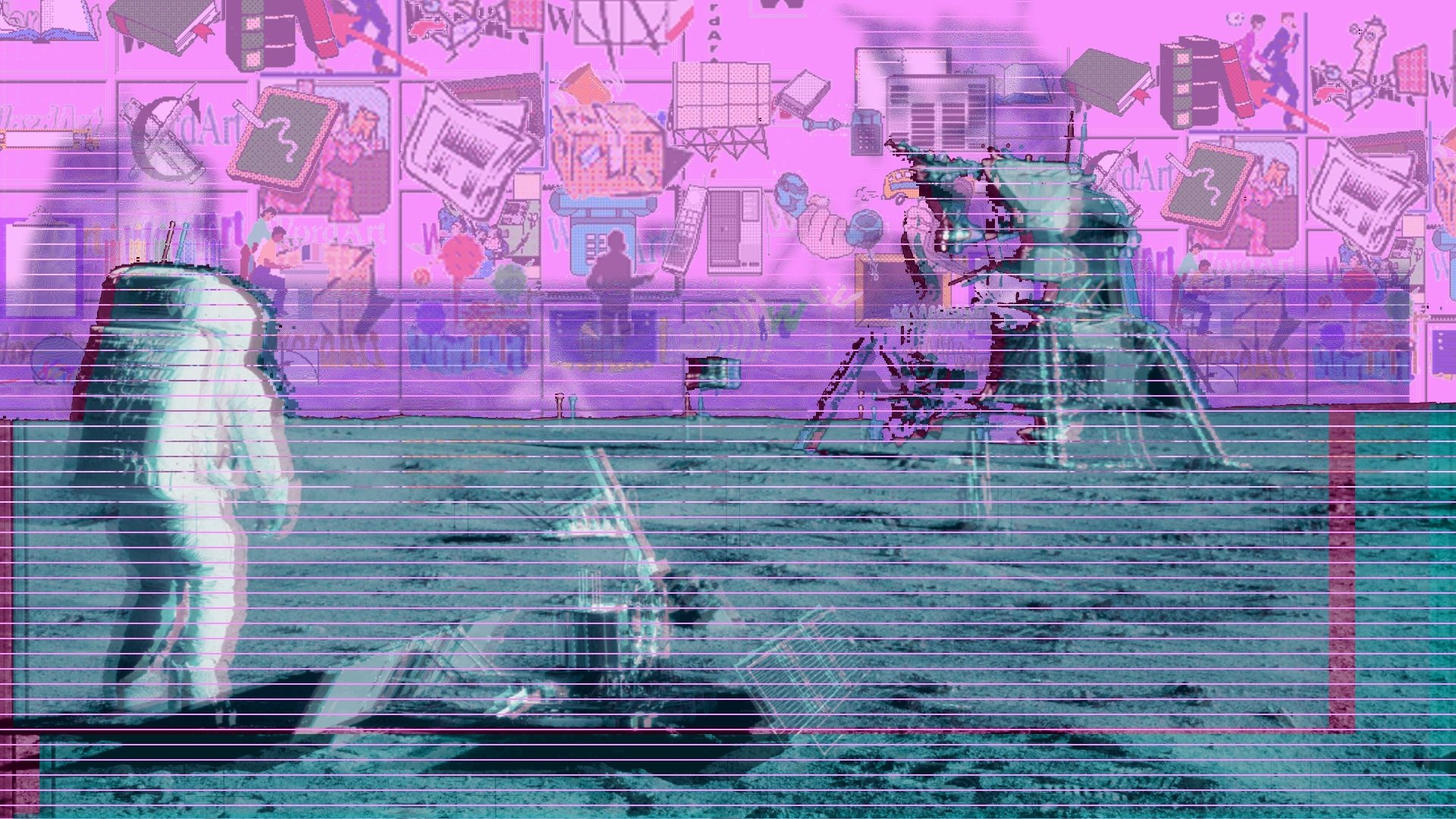 Artistic HD desktop wallpaper featuring an astronaut in a vaporwave and glitch aesthetic, set against a backdrop of vibrant, digitally altered graphics.