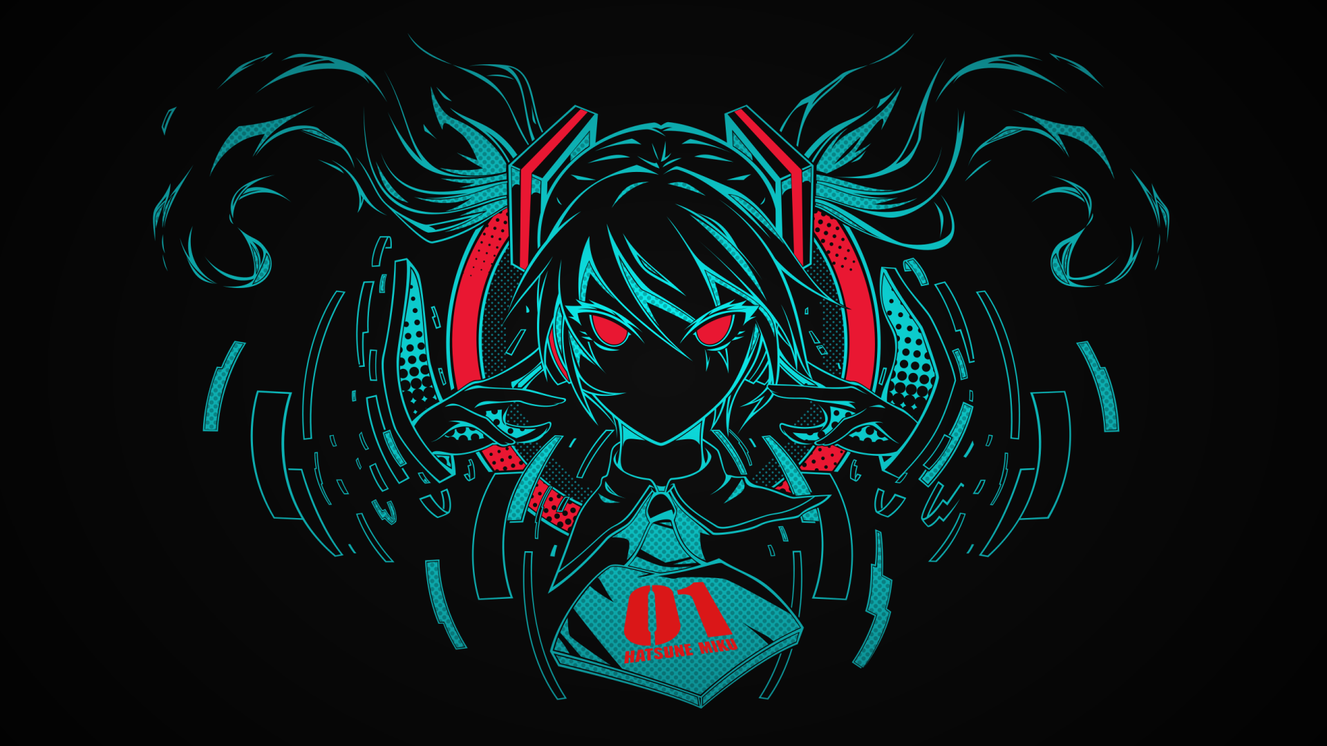 HD PC desktop wallpaper featuring Hatsune Miku in a futuristic anime style with neon blue and red accents, inspired by the Vocaloid theme.
