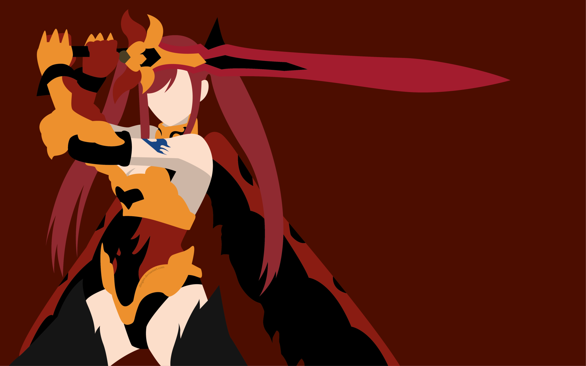 Erza Scarlet from Fairy Tail in dynamic armor, wielding a large sword against a deep red background, rendered in 4K Ultra HD anime style for PC desktop wallpaper.