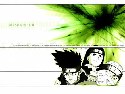 HD anime wallpaper featuring Naruto characters Zaku Abumi, Kin Tsuchi, and Dosu Kinuta from the Sound Nin Trio in a dynamic green and black design.