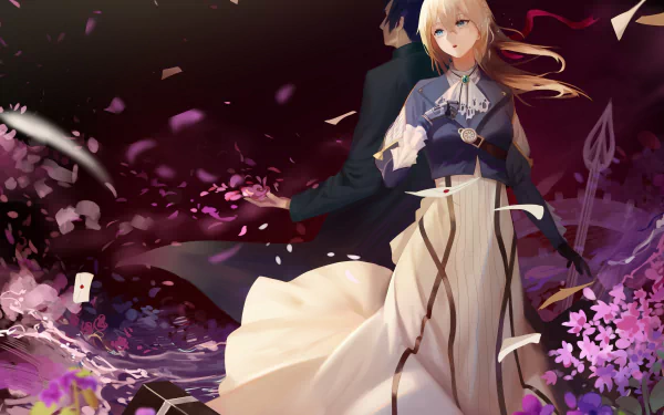A 4K Ultra HD anime wallpaper featuring Violet Evergarden surrounded by petals and Gilbert Bougainvillea, set against a dark, ethereal background.