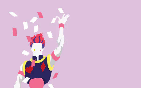 HD desktop wallpaper of Hisoka from Hunter × Hunter anime, featuring a minimalist design with a purple background and playing cards around Hisoka's raised hand.
