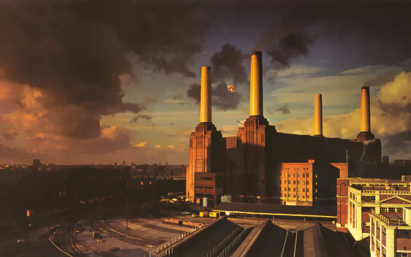 HD desktop wallpaper of Battersea Power Station at sunset, famously featured on Pink Floyd's Animals album cover.