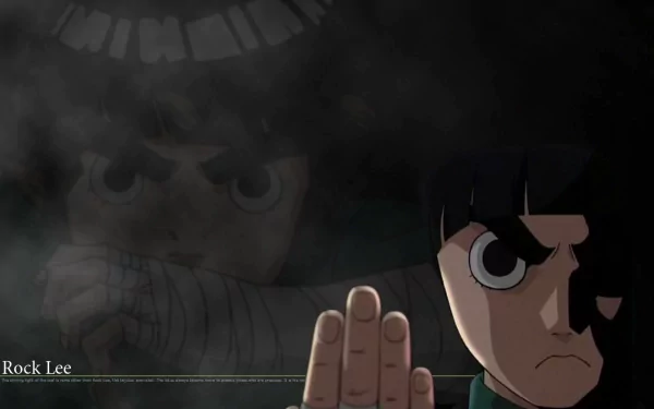 HD desktop wallpaper featuring Rock Lee from the anime Naruto, depicted in a serious pose with a determined expression, layered over a shadowy background showing his face and bandaged hand.