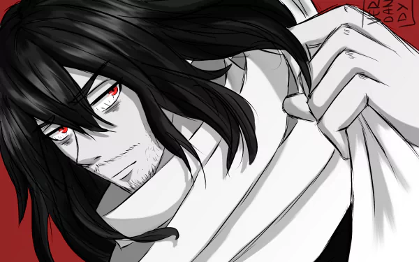HD PC desktop wallpaper/background of Shota Aizawa (My Hero Academia): close-up anime portrait with red eyes, messy black hair and signature scarf against a red backdrop.