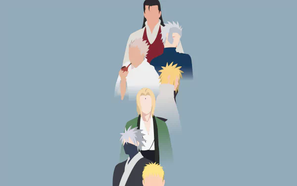 Minimalist 4K Ultra HD wallpaper featuring stylized silhouettes of Naruto Uzumaki, Kakashi Hatake, Tsunade, Minato Namikaze, Hiruzen Sarutobi, Tobirama Senju, and Hashirama Senju from Naruto.