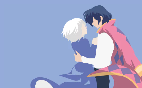 Minimalist 4K Ultra HD anime wallpaper featuring Howl Jenkins Pendragon and Sophie Hatter from Howl's Moving Castle embracing against a soft blue background.