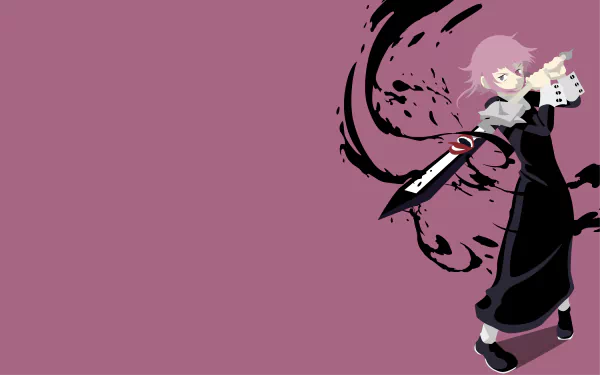 Crona (Soul Eater) anime figure poses at right with a crimson blade and black ink swirl on a mauve field — 4K Ultra HD PC desktop wallpaper and background.