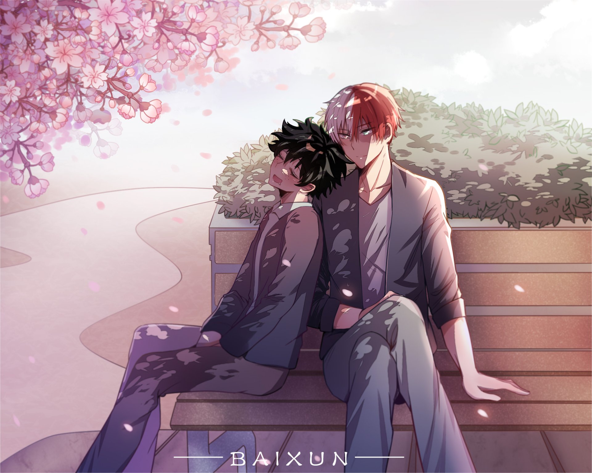 HD My Hero Academia desktop wallpaper featuring Shoto Todoroki and Izuku Midoriya sitting together under cherry blossoms in a peaceful anime scene.
