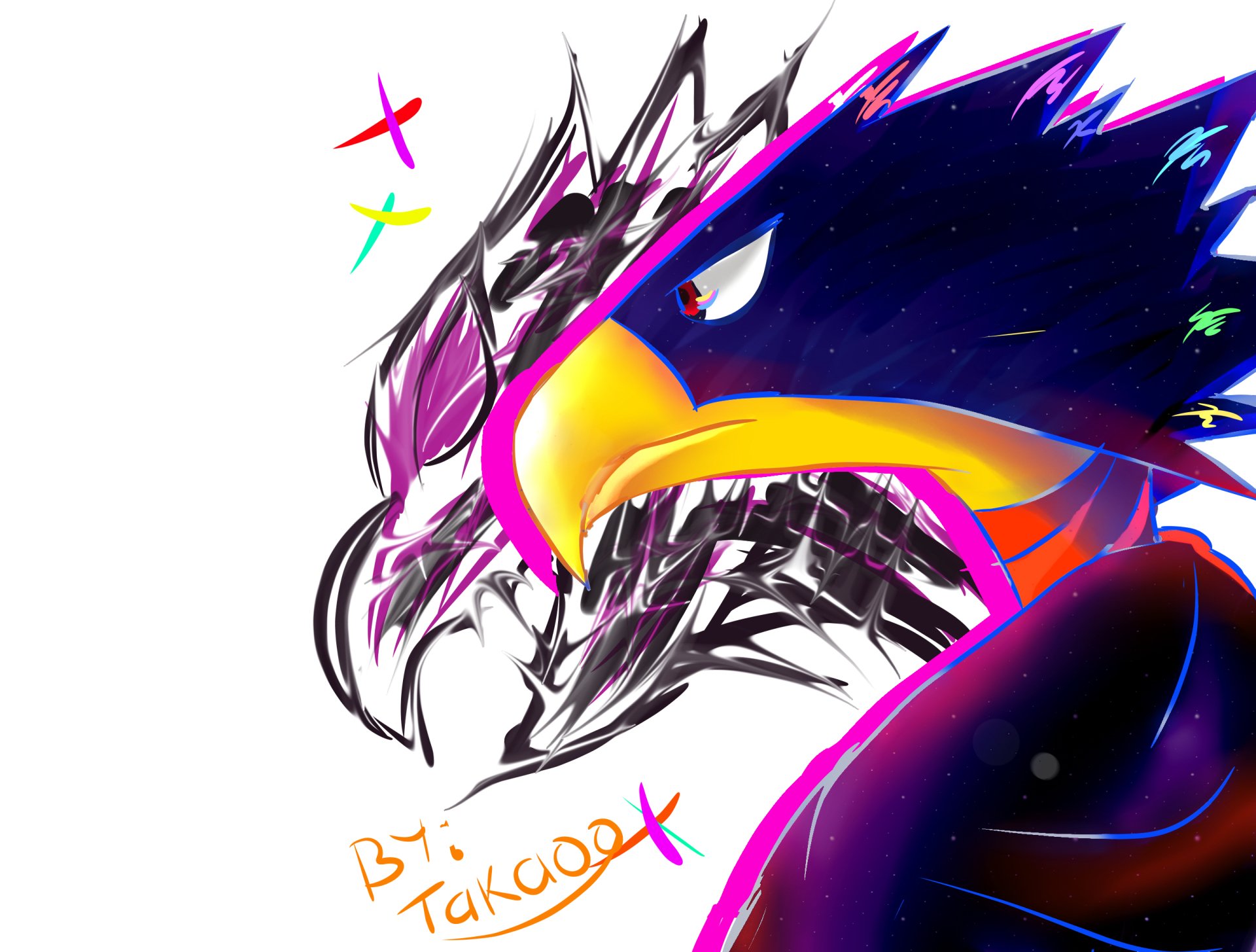 2K Quad HD PC desktop wallpaper of Fumikage Tokoyami from the anime My Hero Academia: close-up of his avian head with a bright yellow beak, neon accents and a sketchy white background.