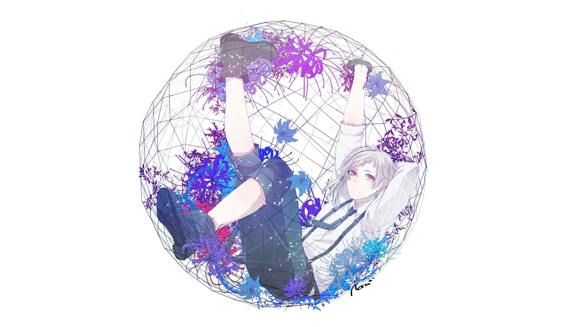 HD anime desktop wallpaper featuring Atsushi Nakajima from Bungou Stray Dogs, depicted inside a wireframe sphere with vibrant purple and blue accents.