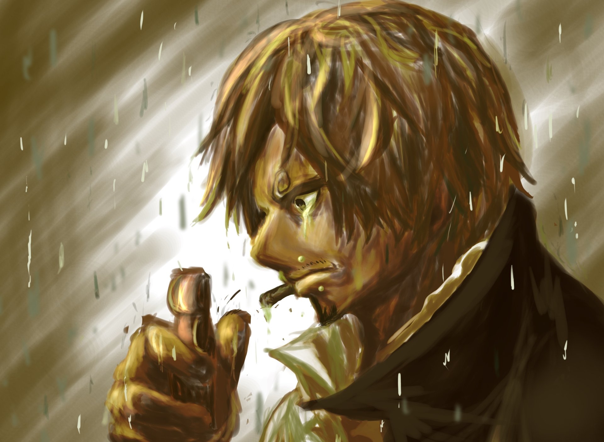 Sanji (One Piece) anime close-up, rain-drenched and lighting a cigarette with a steely gaze — dramatic 4K Ultra HD PC Desktop Wallpaper and Background.