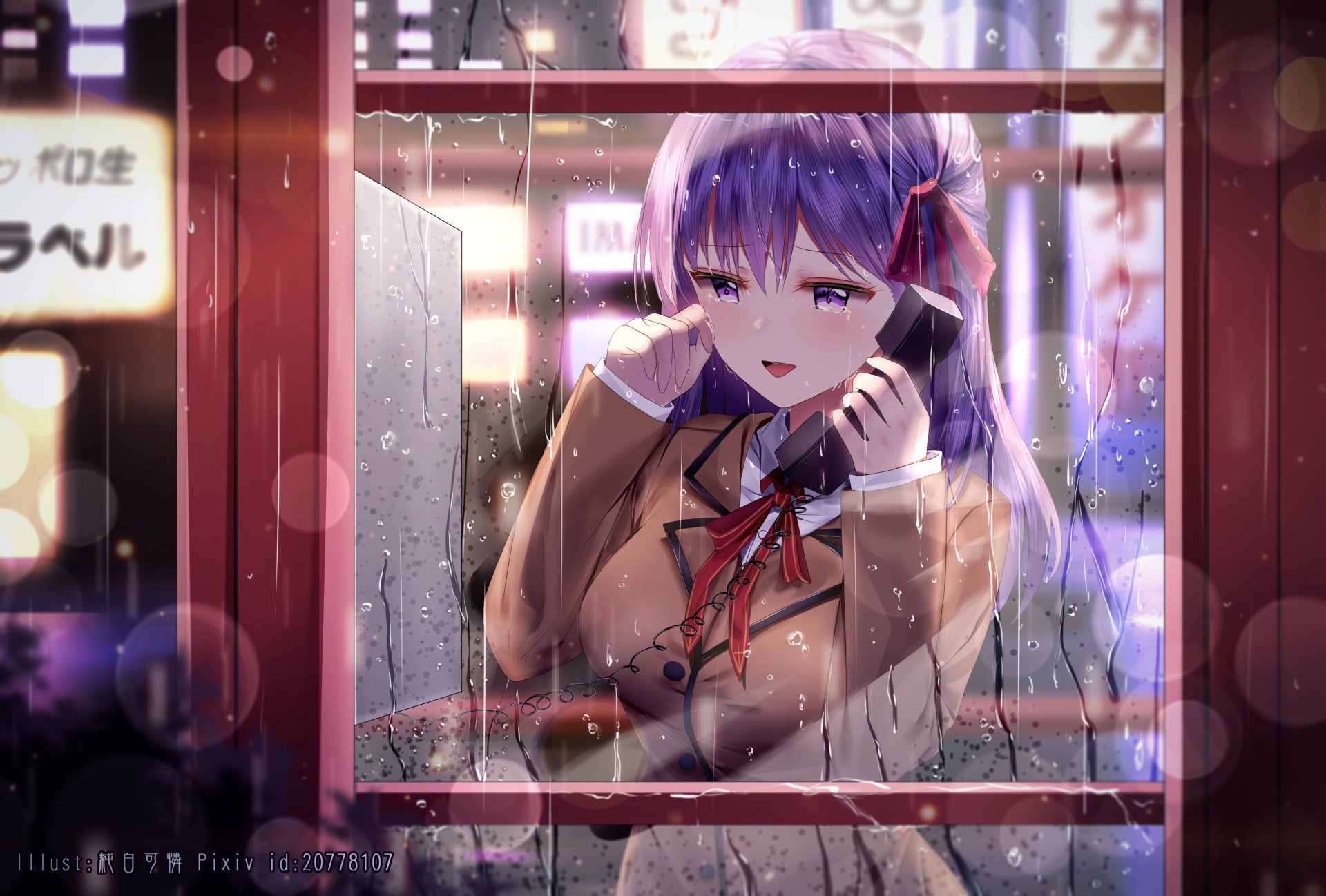 Sakura Matou from Fate/Stay Night: Unlimited Blade Works is depicted in an HD anime wallpaper, standing inside a phone booth with a thoughtful expression.