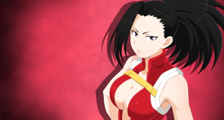 HD PC desktop wallpaper of Momo Yaoyorozu from the anime My Hero Academia, featuring her in a confident pose against a red textured background.