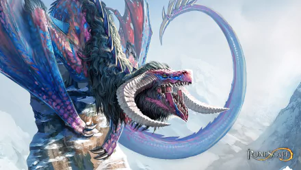 HD desktop wallpaper featuring a vibrant wyvern from the video game Runescape, set against a snowy mountainous background.