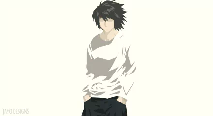 Minimalist HD anime desktop wallpaper featuring L from Death Note with black hair, depicted in a simple, clean style against a light background.