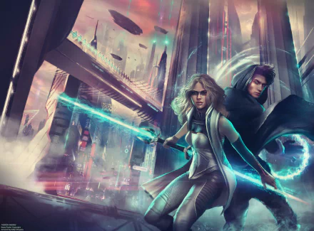 A woman warrior and Jedi wielding glowing lightsabers in a futuristic Coruscant cityscape with spaceships flying amid towering sci-fi buildings.
