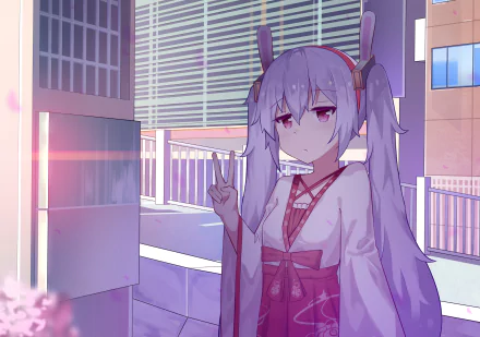 HD desktop wallpaper featuring Laffey from Azur Lane, dressed in a traditional outfit, standing in a serene urban setting with soft lighting.