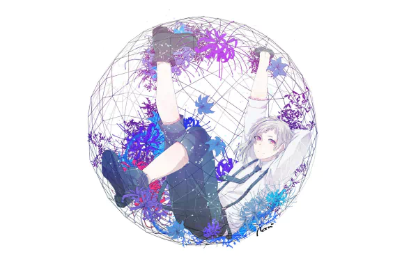 HD anime desktop wallpaper featuring Atsushi Nakajima from Bungou Stray Dogs, depicted inside a wireframe sphere with vibrant purple and blue accents.