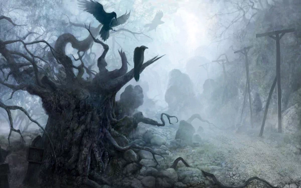 A haunting HD wallpaper featuring a gothic landscape from The Witcher, showcasing a twisted tree with crows soaring through a misty, eerie setting.