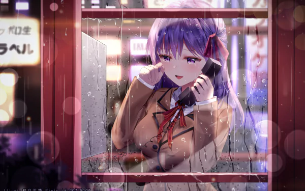 Sakura Matou from Fate/Stay Night: Unlimited Blade Works is depicted in an HD anime wallpaper, standing inside a phone booth with a thoughtful expression.
