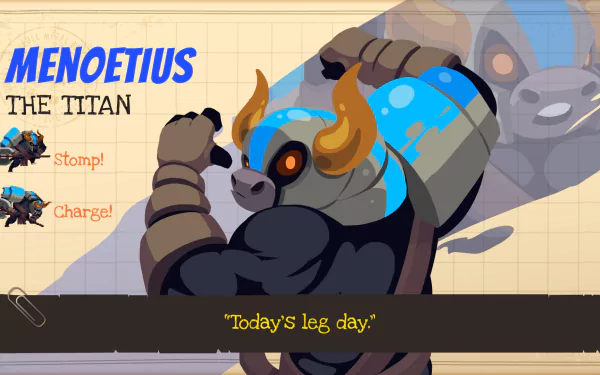 HD desktop wallpaper from Full Metal Furies featuring Menoetius the Titan with the quote Today's leg day.