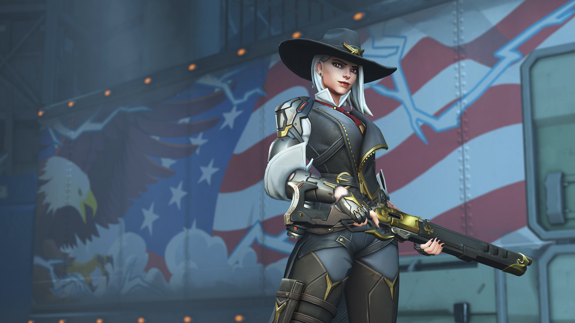 Ashe (Overwatch) stands with her rifle before a stylized American flag mural, rendered as a 4K Ultra HD PC desktop wallpaper/background from the Overwatch video game.