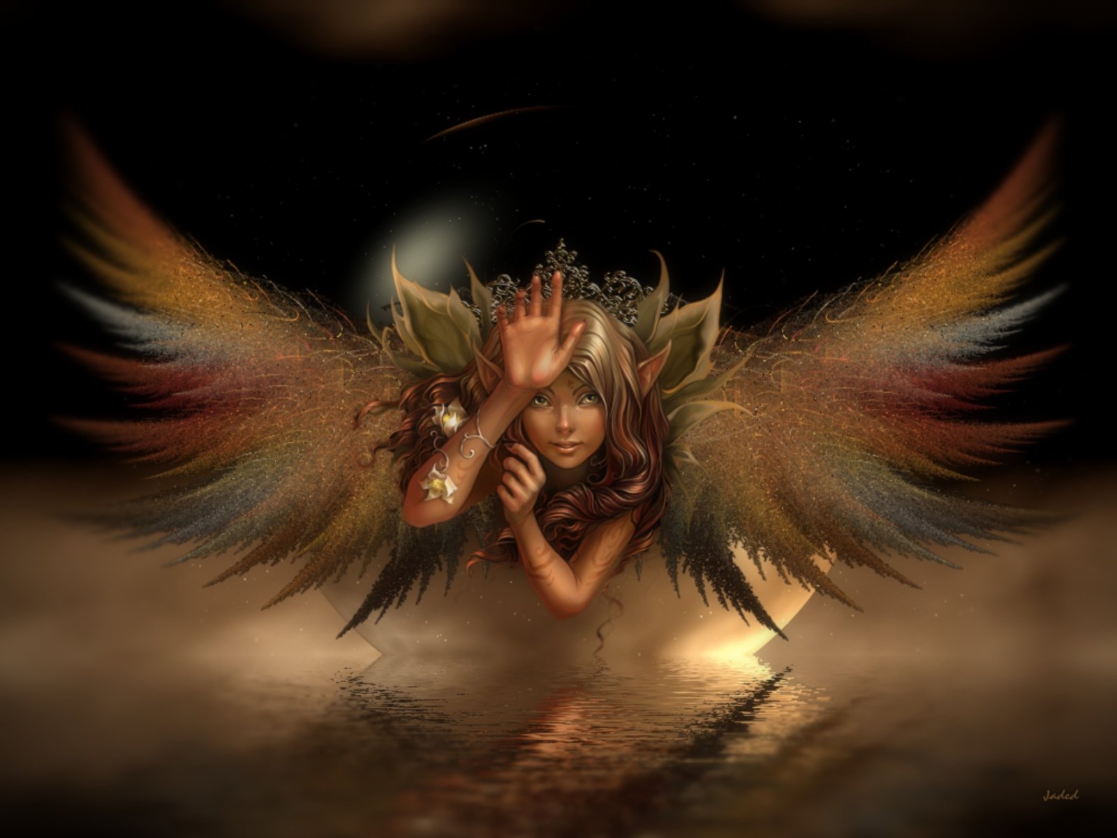 HD desktop wallpaper featuring a fantasy nymph fairy with majestic wings, gracefully emerging from a mystical, shimmering surface.