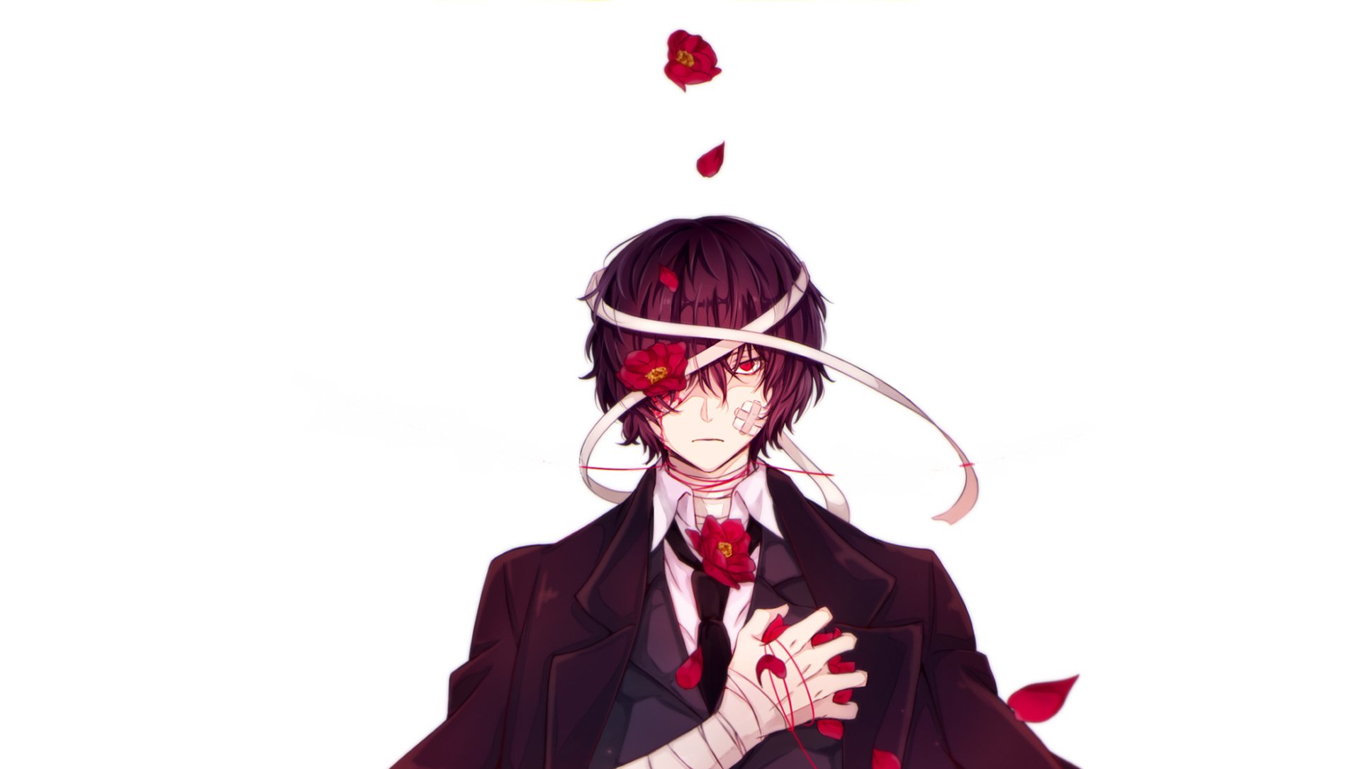HD anime wallpaper featuring a dark-themed character from Bungou Stray Dogs, surrounded by red petals and ribbons, set against a clean white background.