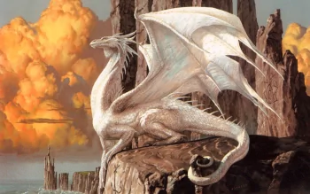 HD desktop wallpaper depicting a majestic white dragon perched on a rocky cliff with towering rock formations and a dramatic sunset sky in the background. Fantasy-themed image.