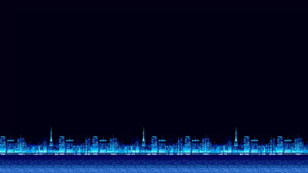 HD desktop wallpaper featuring an 8-bit pixel art city skyline in blue tones with a black background.