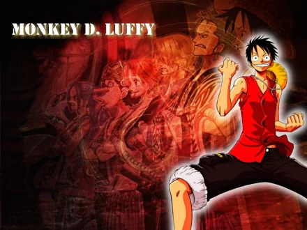 HD desktop wallpaper featuring Monkey D. Luffy from the anime One Piece, showcasing a dynamic pose with the crew in the background.