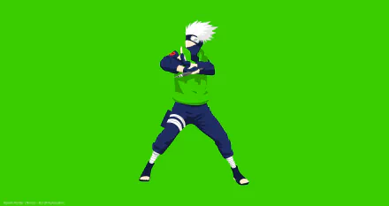 Minimalist 8K Ultra HD anime wallpaper featuring Kakashi Hatake from Naruto with white hair and signature ninja attire on a bright green background.