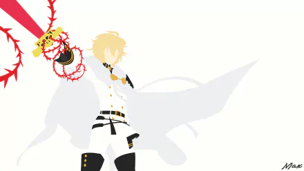 Minimalist 8K Ultra HD PC desktop wallpaper of Mikaela Hyakuya from the anime Seraph of the End, featuring him in white and black attire with red accents.