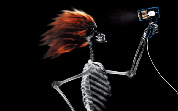 Funny and strange HD PC desktop wallpaper showing an X-ray skeleton with fiery hair blow-dried by a hairdryer held in its bony hand.
