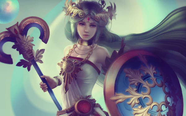 necklace blue hair long hair shield woman warrior video game Kid Icarus HD Desktop Wallpaper | Background Image